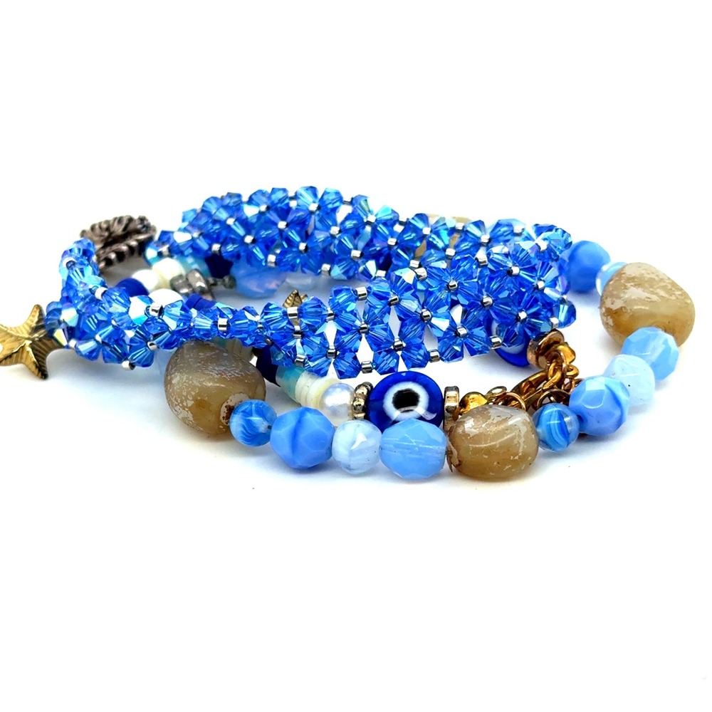 Handmade Blue Beaded Bracelet Set 3pc Crystal Evil Eye Nautical Shell Coastal